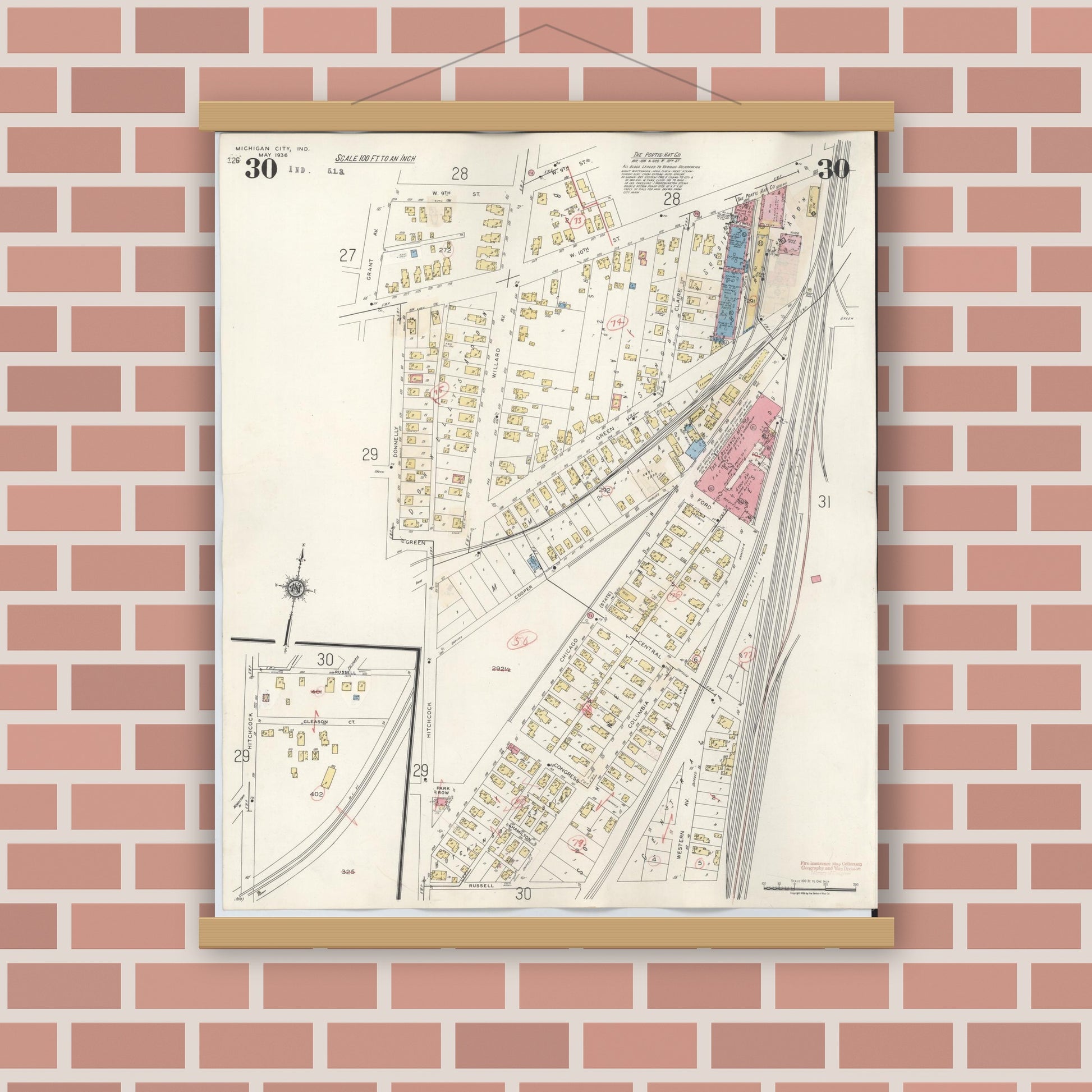 Old map wall art mockup — magnetic wood frame on brick wall — Sanborn Fire Insurance Map from Michigan City, La Porte County, Indiana (1948), Sheet #0030