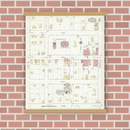 Old map wall art mockup — magnetic wood frame on brick wall — Sanborn Fire Insurance Map from Ellsworth, Pierce County, Wisconsin (1912), Sheet #0002