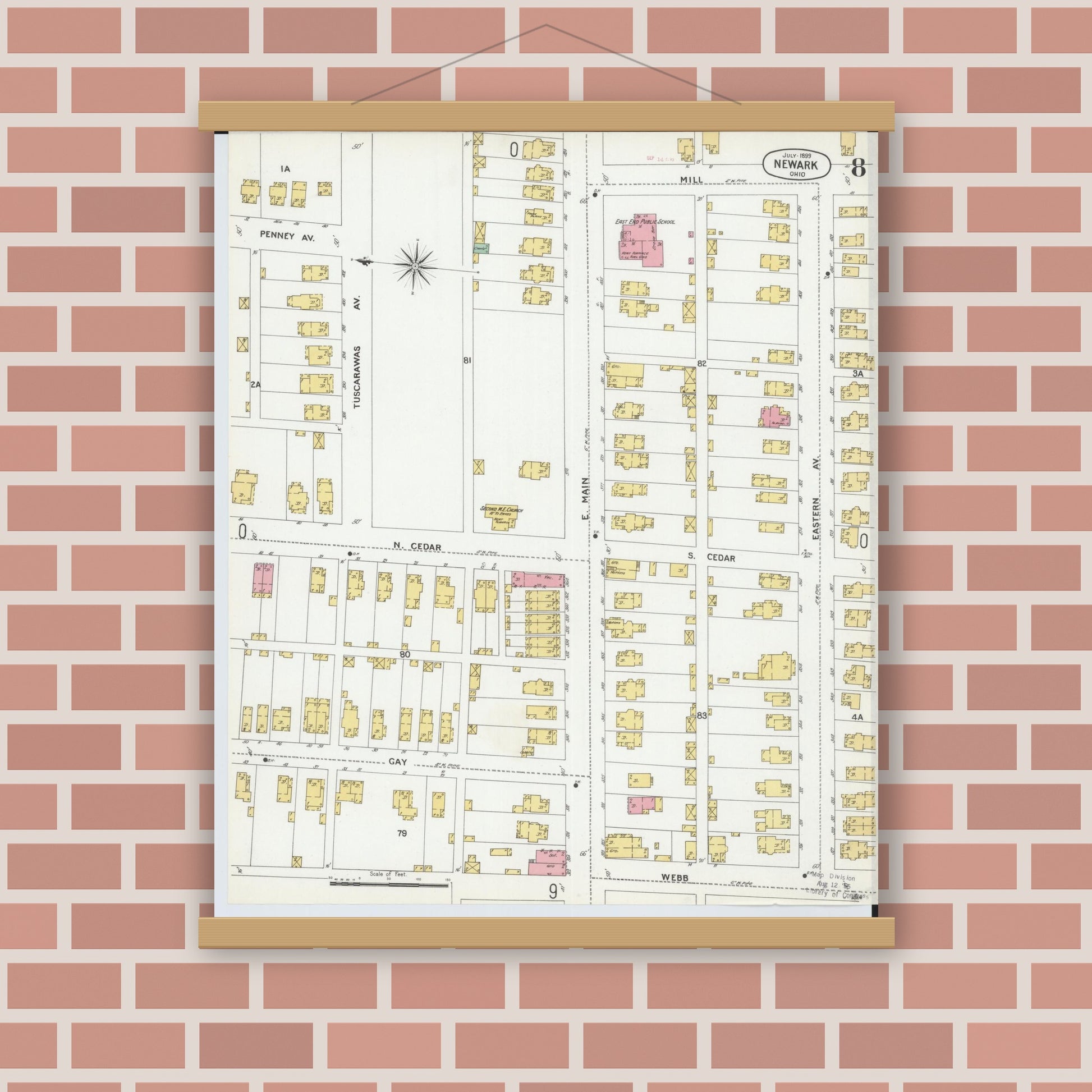 Old map wall art mockup — magnetic wood frame on brick wall — Sanborn Fire Insurance Map from Newark, Licking County, Ohio (1899), Sheet #0008