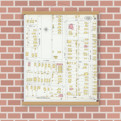 Old map wall art mockup — magnetic wood frame on brick wall — Sanborn Fire Insurance Map from Newark, Licking County, Ohio (1899), Sheet #0008