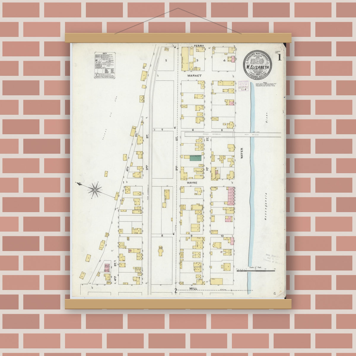 Old map wall art mockup — magnetic wood frame on brick wall — Sanborn Fire Insurance Map from West Elizabeth, Allegheny County, Pennsylvania (1905) - Complete Map Set