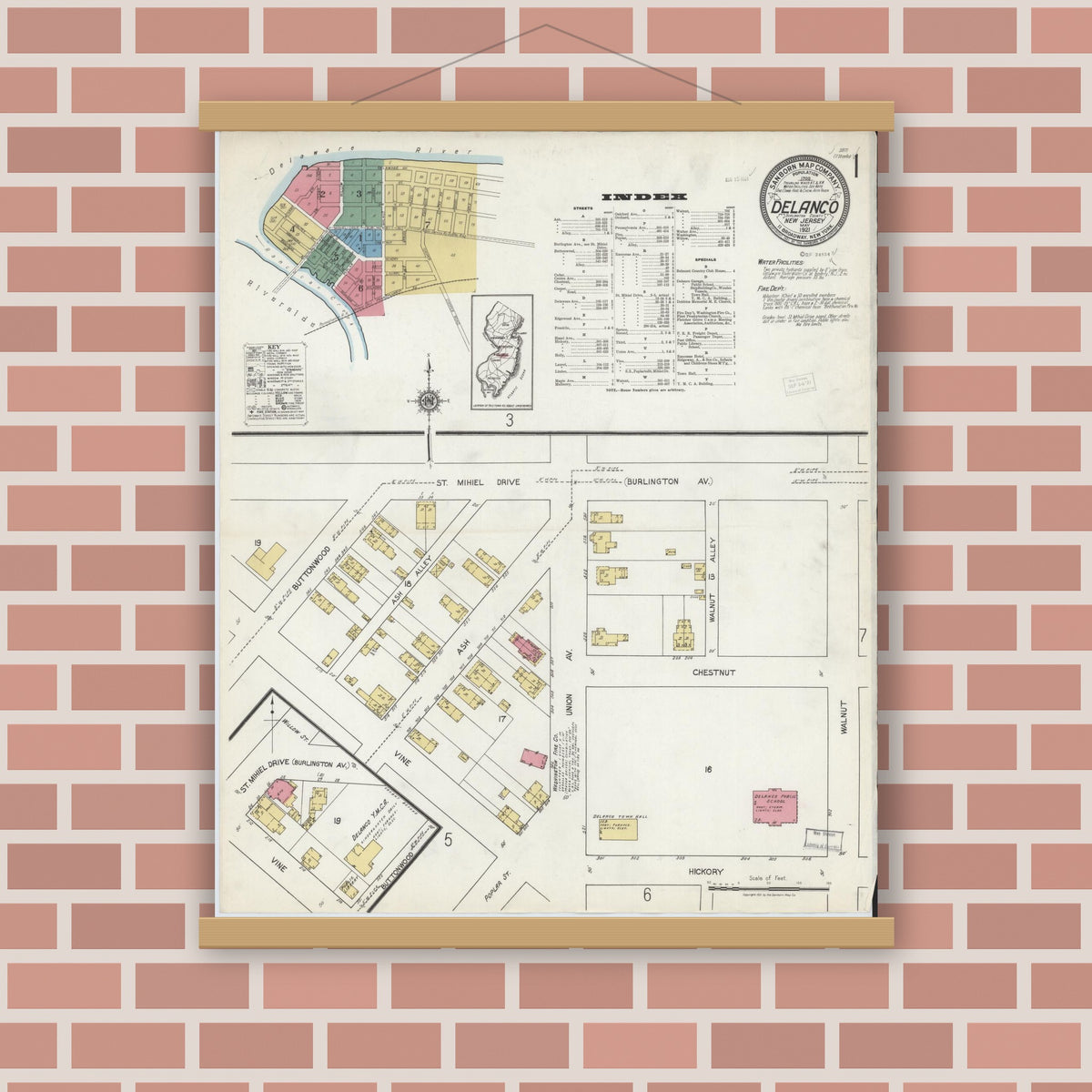 Old map wall art mockup — magnetic wood frame on brick wall — Sanborn Fire Insurance Map from Delanco, Burlington County, New Jersey (1921), Sheet #0001