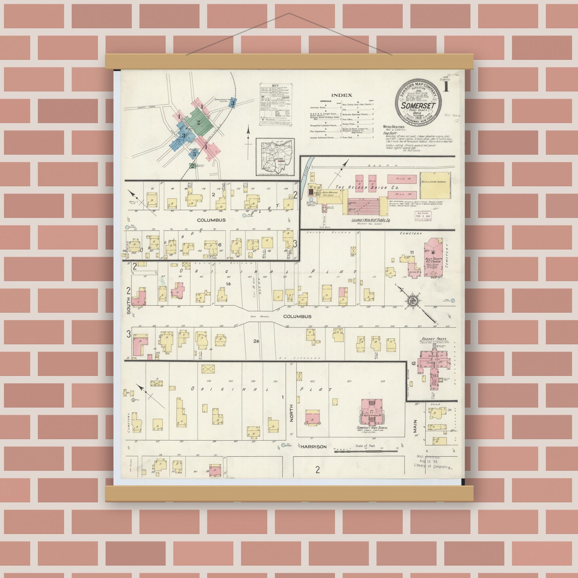 Old map wall art mockup — magnetic wood frame on brick wall — Sanborn Fire Insurance Map from Somerset, Perry County, Ohio (1913) - Complete Map Set