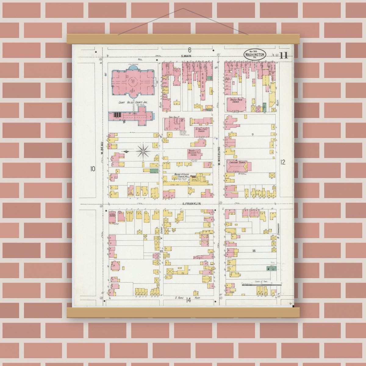 Old map wall art mockup — magnetic wood frame on brick wall — Sanborn Fire Insurance Map from Washington, Washington County, Pennsylvania (1900), Sheet #0011