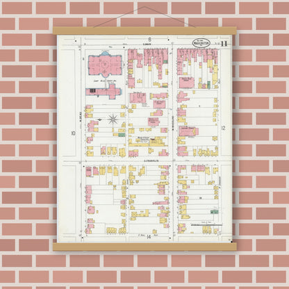 Old map wall art mockup — magnetic wood frame on brick wall — Sanborn Fire Insurance Map from Washington, Washington County, Pennsylvania (1900), Sheet #0011