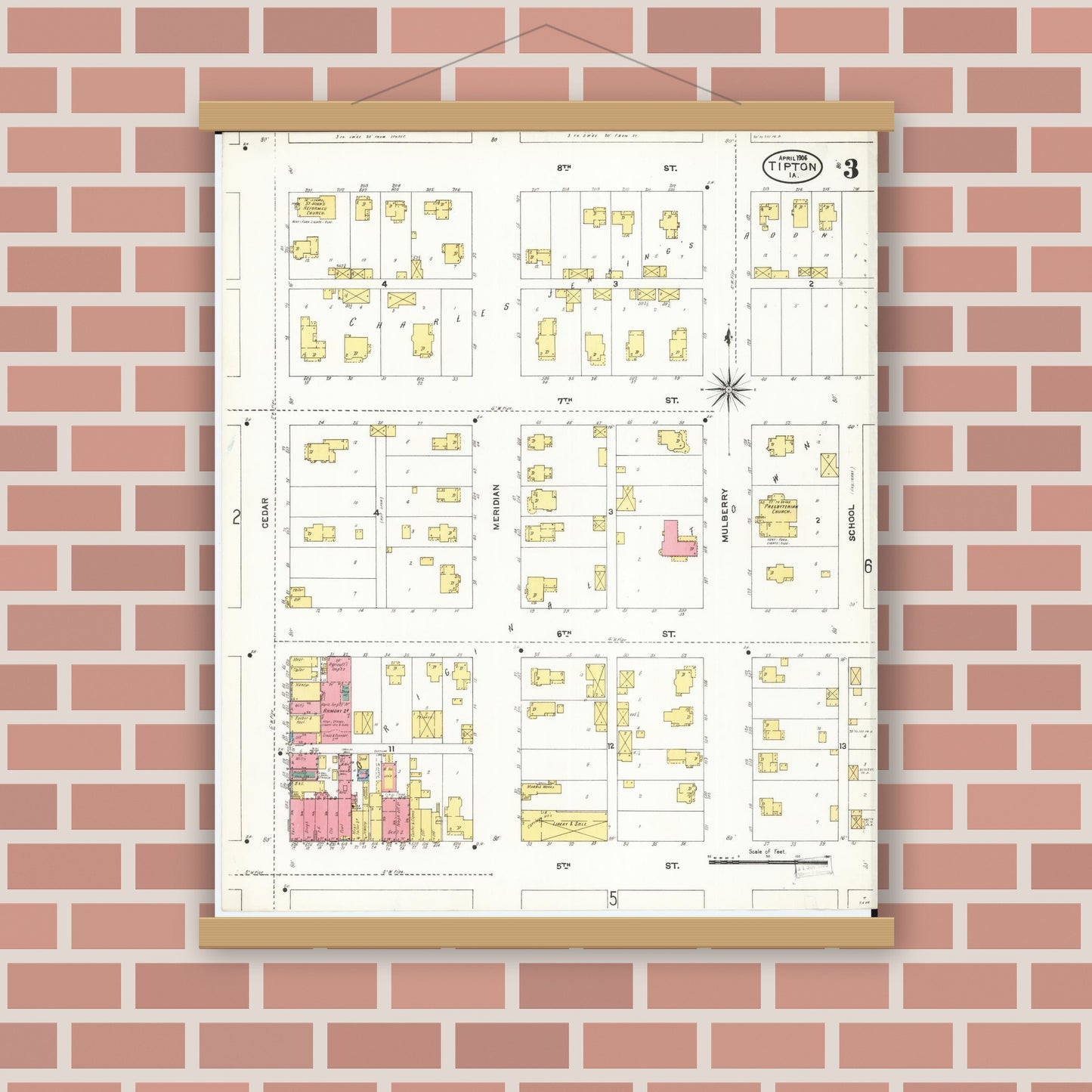 Old map wall art mockup — magnetic wood frame on brick wall — Sanborn Fire Insurance Map from Tipton, Cedar County, Iowa (1906), Sheet #0003