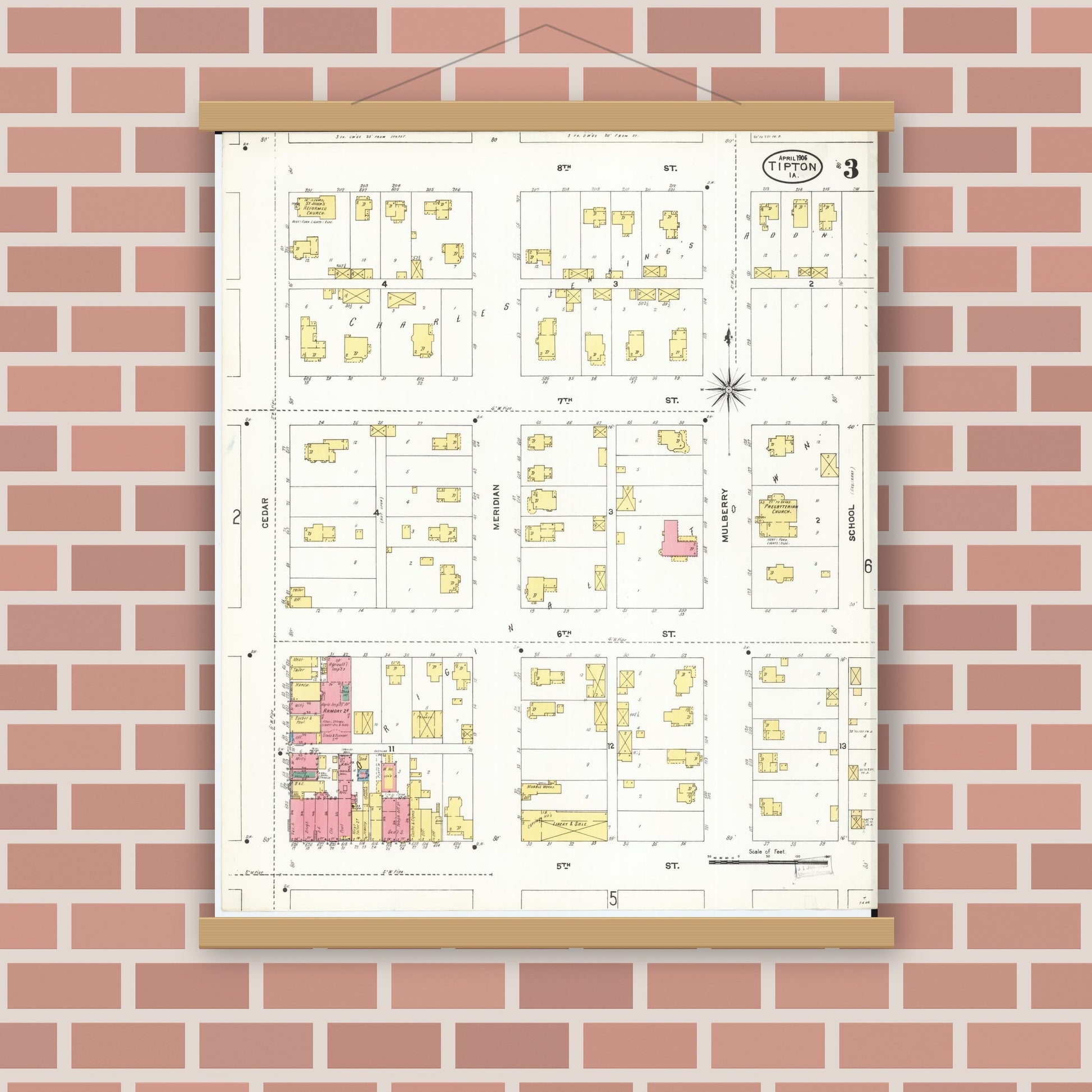 Old map wall art mockup — magnetic wood frame on brick wall — Sanborn Fire Insurance Map from Tipton, Cedar County, Iowa (1906), Sheet #0003