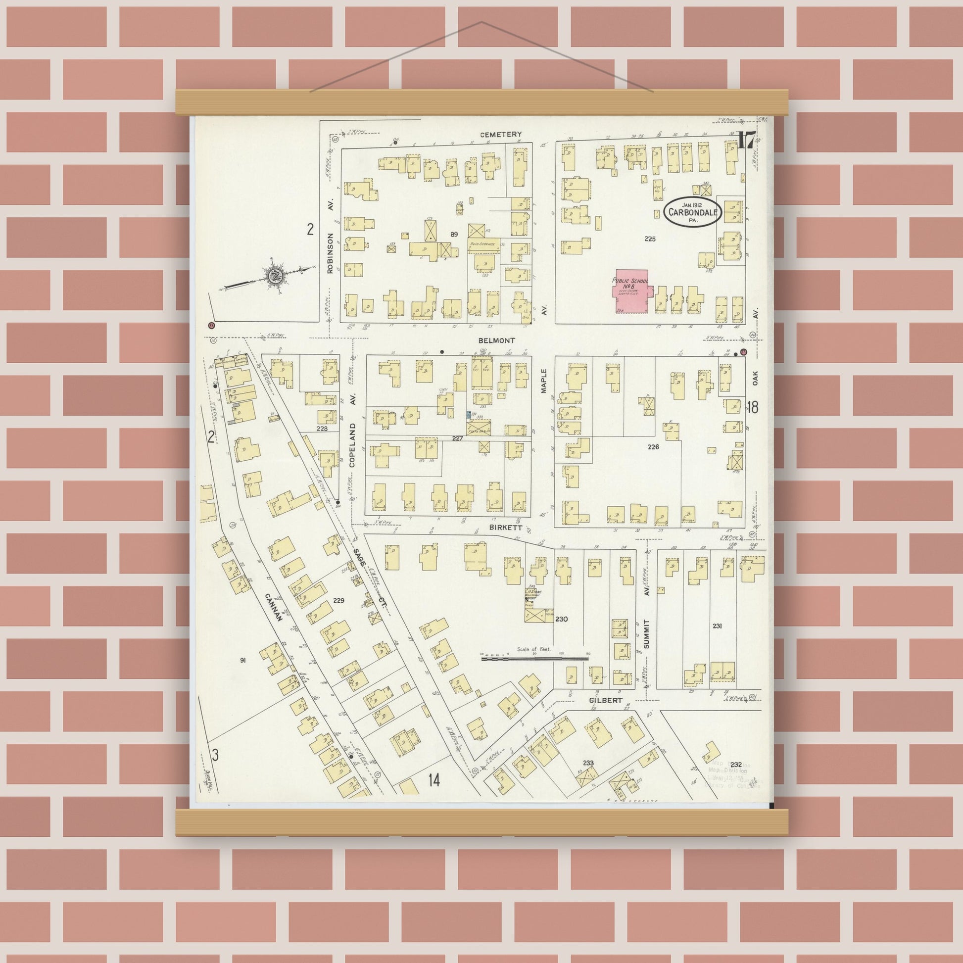 Old map wall art mockup — magnetic wood frame on brick wall — Sanborn Fire Insurance Map from Carbondale, Lackawanna County, Pennsylvania (1912), Sheet #0017