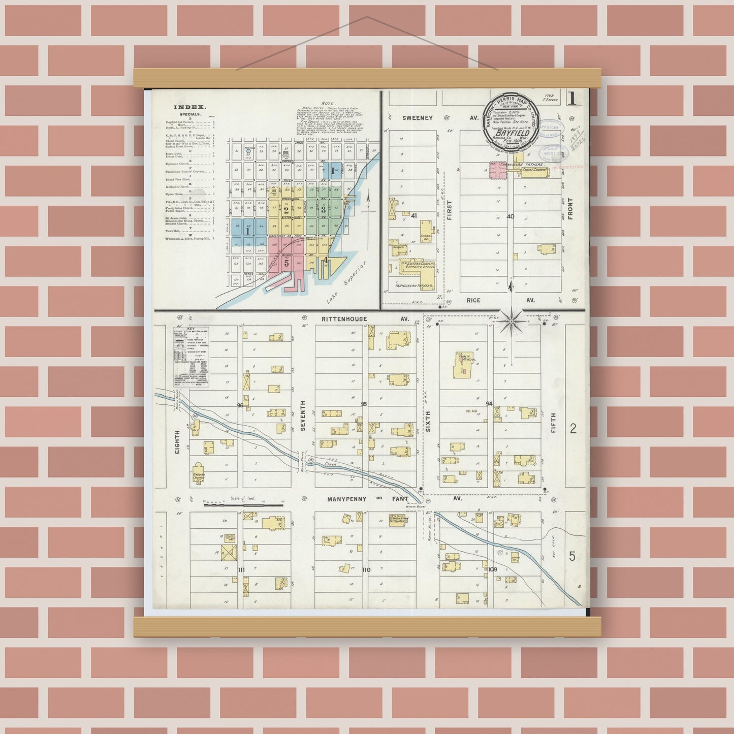 Old map wall art mockup — magnetic wood frame on brick wall — Sanborn Fire Insurance Map from Bayfield, Bayfield County, Wisconsin (1898) - Complete Map Set