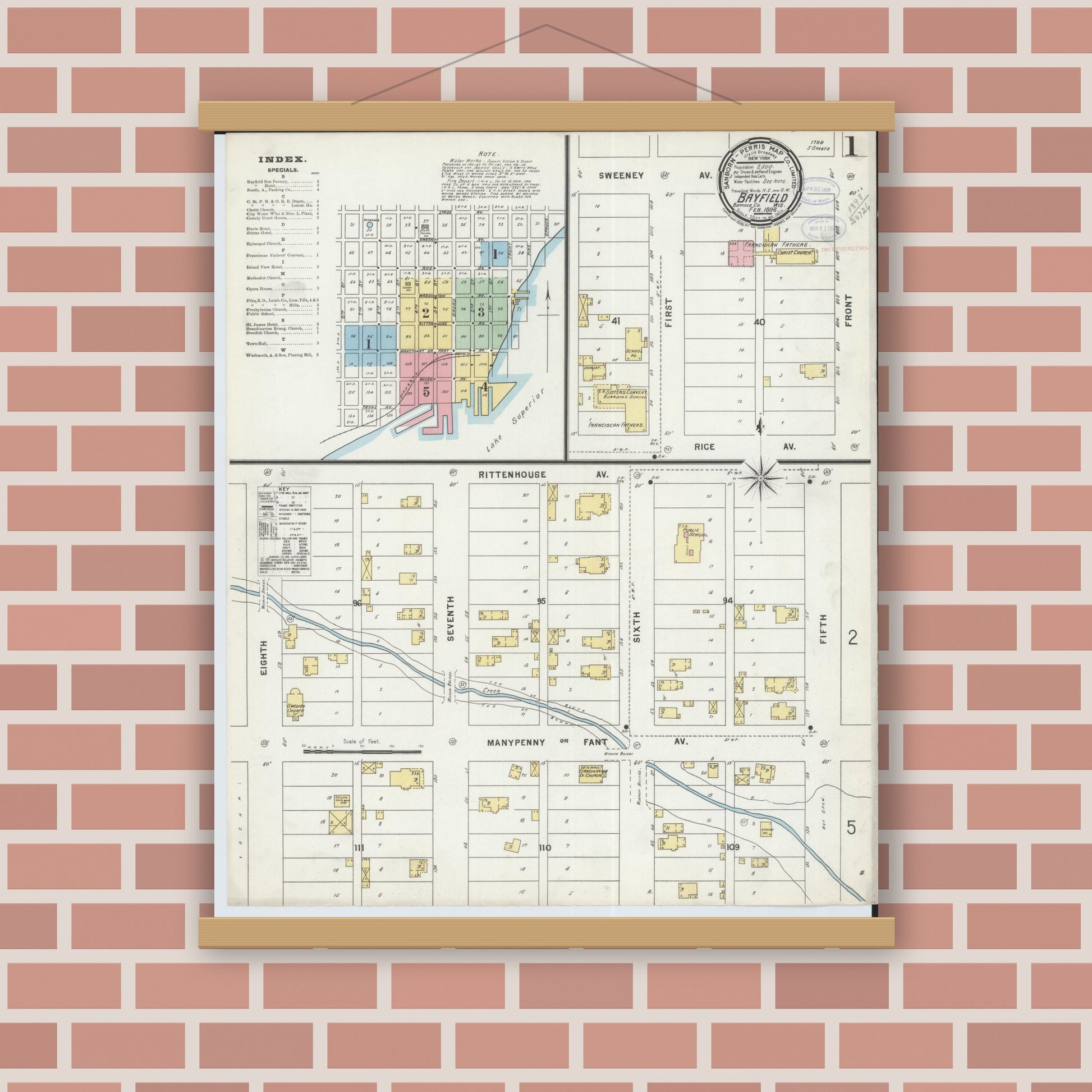 Old map wall art mockup — magnetic wood frame on brick wall — Sanborn Fire Insurance Map from Bayfield, Bayfield County, Wisconsin (1898) - Complete Map Set