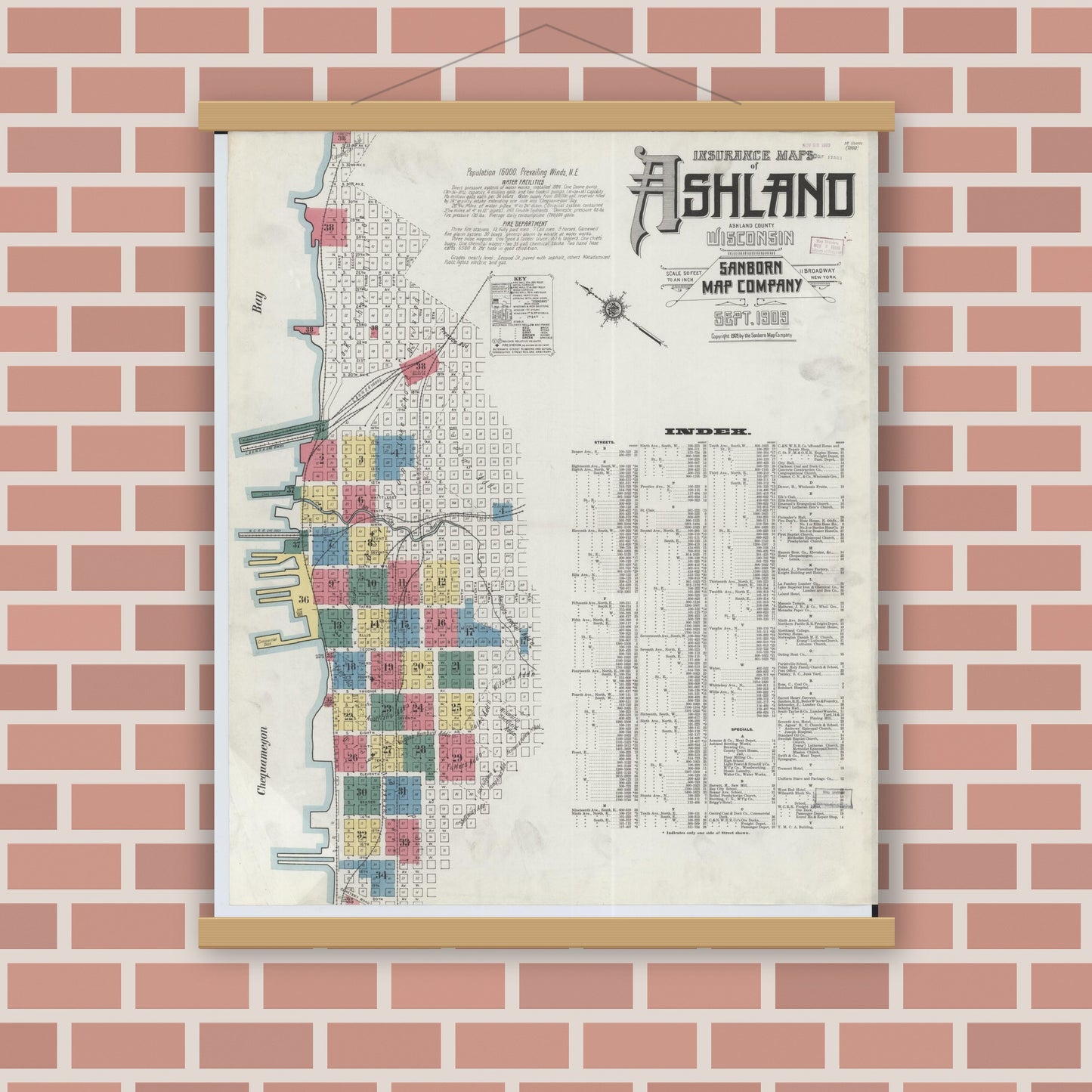 Old map wall art mockup — magnetic wood frame on brick wall — Sanborn Fire Insurance Map from Ashland, Ashland County, Wisconsin (1909) - Complete Map Set