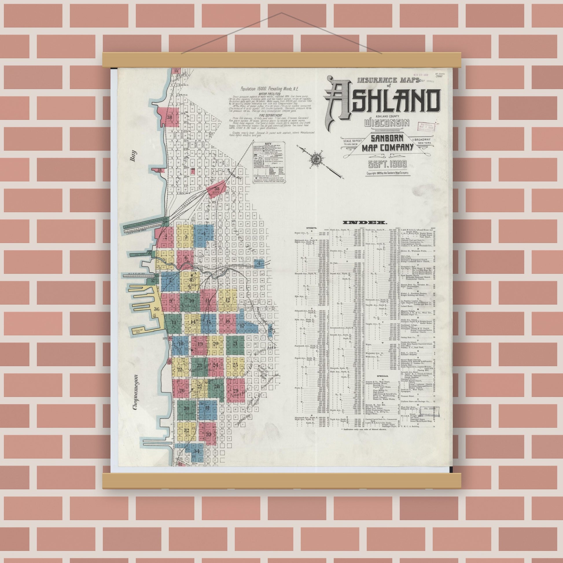 Old map wall art mockup — magnetic wood frame on brick wall — Sanborn Fire Insurance Map from Ashland, Ashland County, Wisconsin (1909) - Complete Map Set