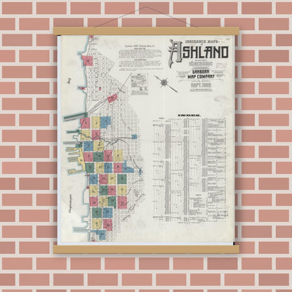 Old map wall art mockup — magnetic wood frame on brick wall — Sanborn Fire Insurance Map from Ashland, Ashland County, Wisconsin (1909) - Complete Map Set