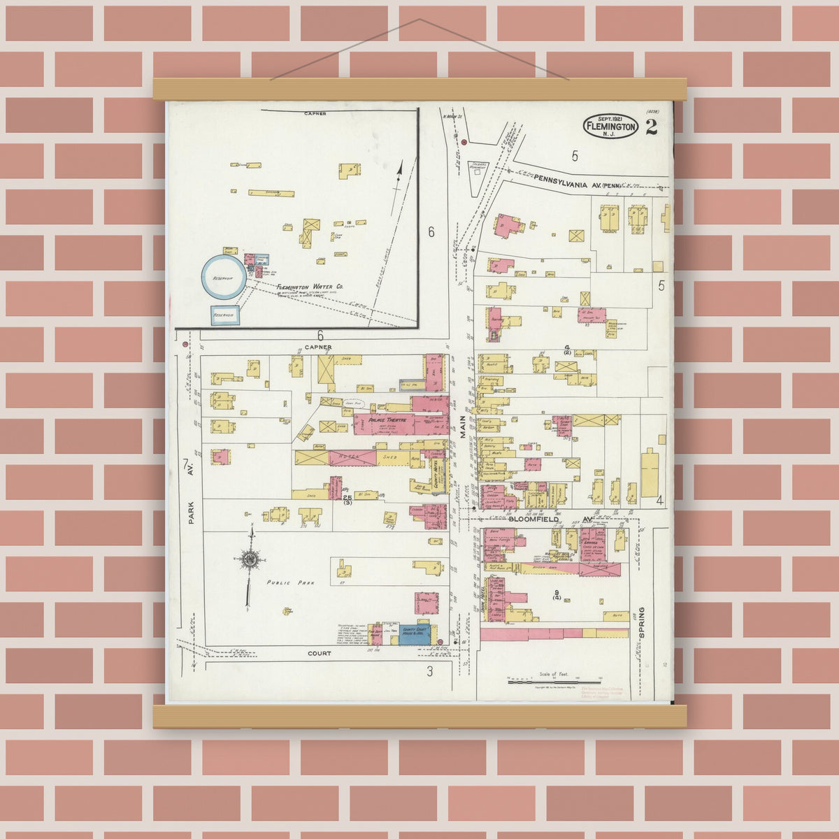 Old map wall art mockup — magnetic wood frame on brick wall — Sanborn Fire Insurance Map from Flemington, Hunterdon County, New Jersey (1921), Sheet #0002