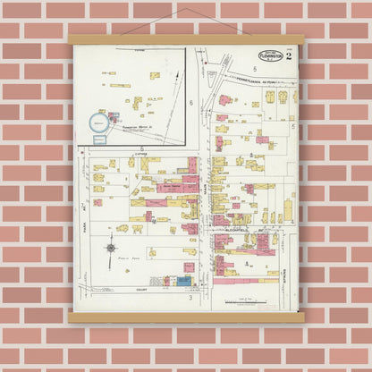 Old map wall art mockup — magnetic wood frame on brick wall — Sanborn Fire Insurance Map from Flemington, Hunterdon County, New Jersey (1921), Sheet #0002