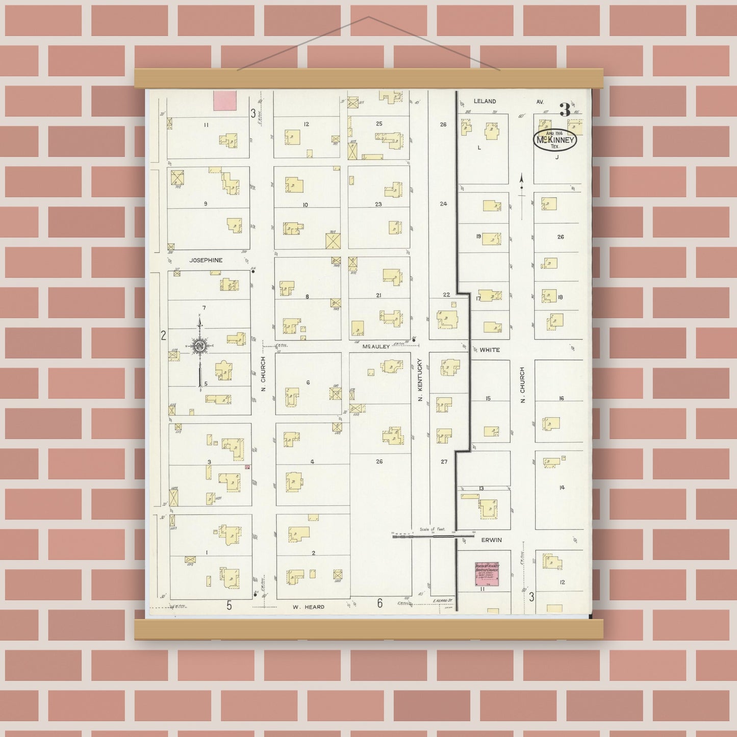 Old map wall art mockup — magnetic wood frame on brick wall — Sanborn Fire Insurance Map from McKinney, Collin County, Texas (1914), Sheet #0003