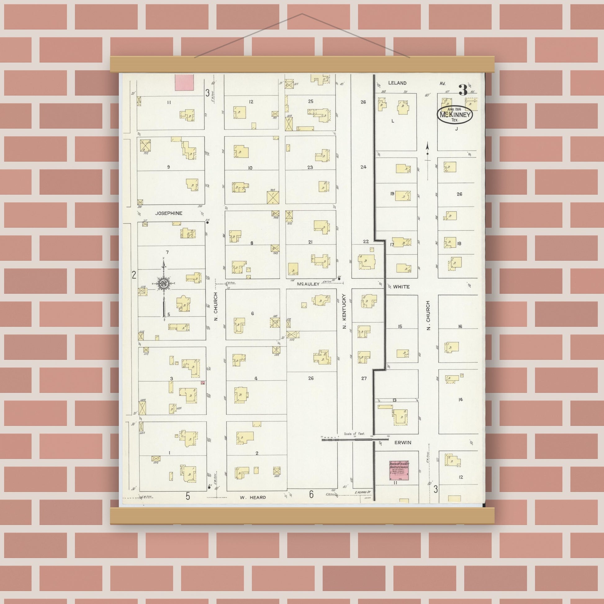 Old map wall art mockup — magnetic wood frame on brick wall — Sanborn Fire Insurance Map from McKinney, Collin County, Texas (1914), Sheet #0003