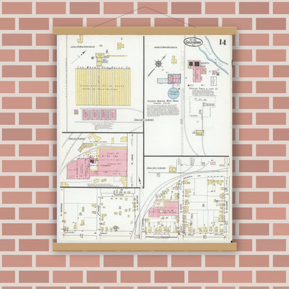 Old map wall art mockup — magnetic wood frame on brick wall — Sanborn Fire Insurance Map from Goldsboro, Wayne County, North Carolina (1918), Sheet #0014