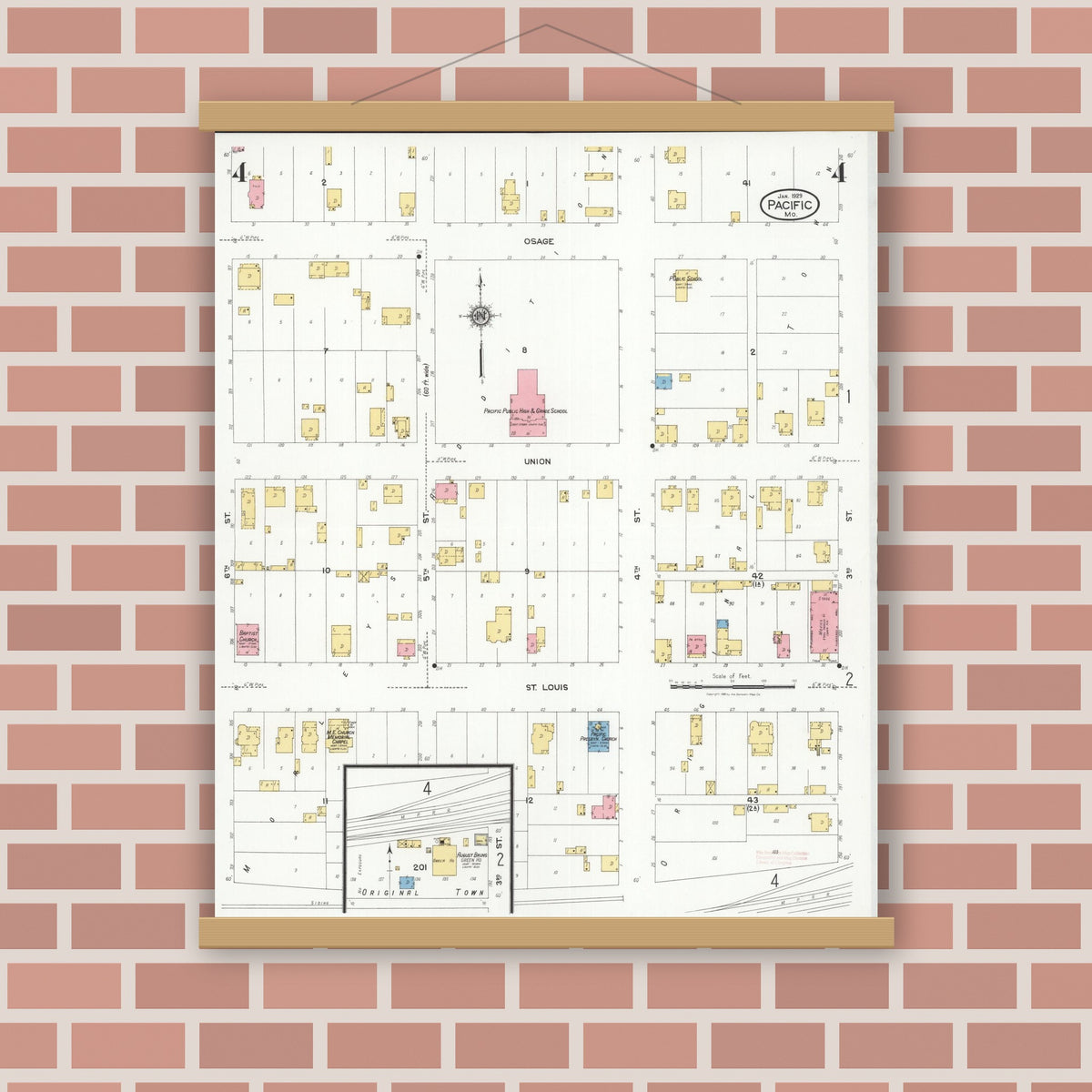 Old map wall art mockup — magnetic wood frame on brick wall — Sanborn Fire Insurance Map from Pacific, Franklin County, Missouri (1929), Sheet #0004