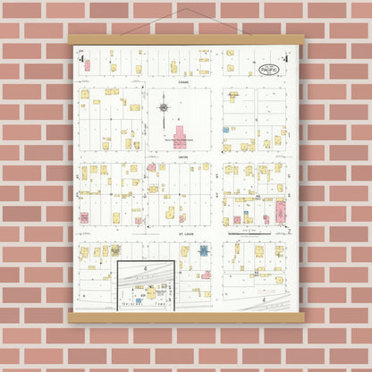 Old map wall art mockup — magnetic wood frame on brick wall — Sanborn Fire Insurance Map from Pacific, Franklin County, Missouri (1929), Sheet #0004