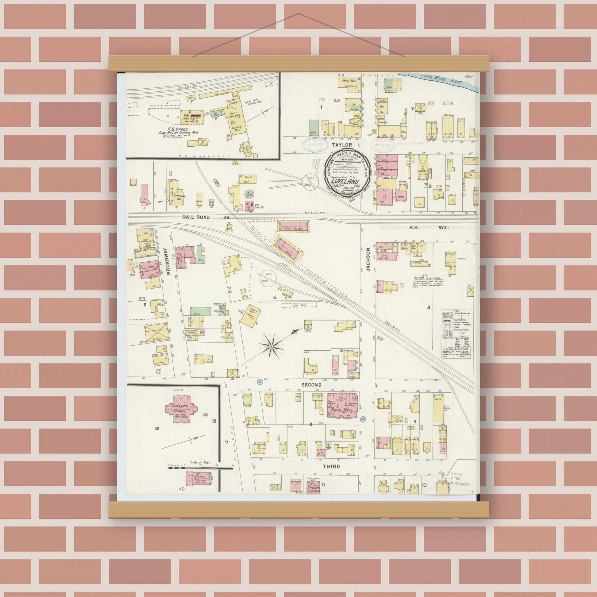 Old map wall art mockup — magnetic wood frame on brick wall — Sanborn Fire Insurance Map from Loveland, Clermont, Hamilton, And Warren County, Ohio (1898), Sheet #0001