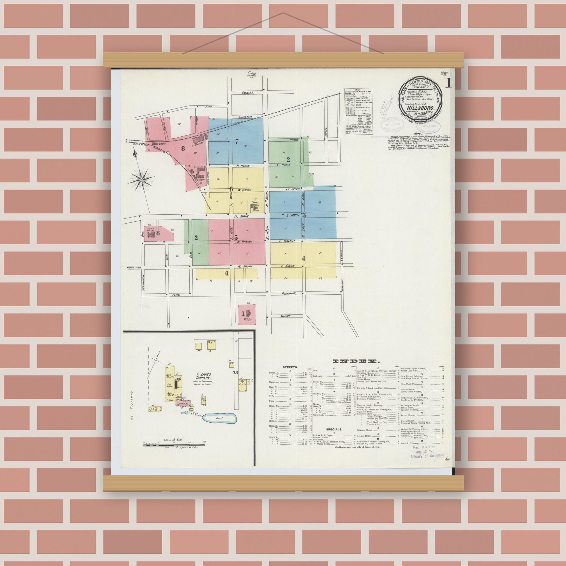 Old map wall art mockup — magnetic wood frame on brick wall — Sanborn Fire Insurance Map from Hillsboro, Highland County, Ohio (1898) - Complete Map Set
