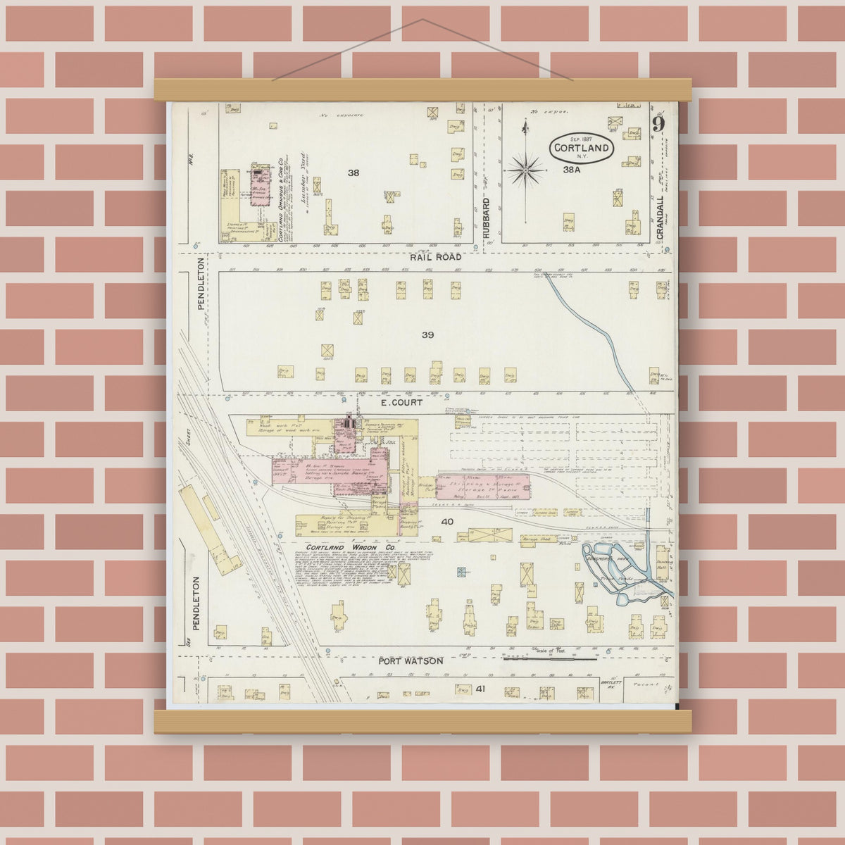 Old map wall art mockup — magnetic wood frame on brick wall — Sanborn Fire Insurance Map from Cortland, Cortland County, New York (1887), Sheet #0009