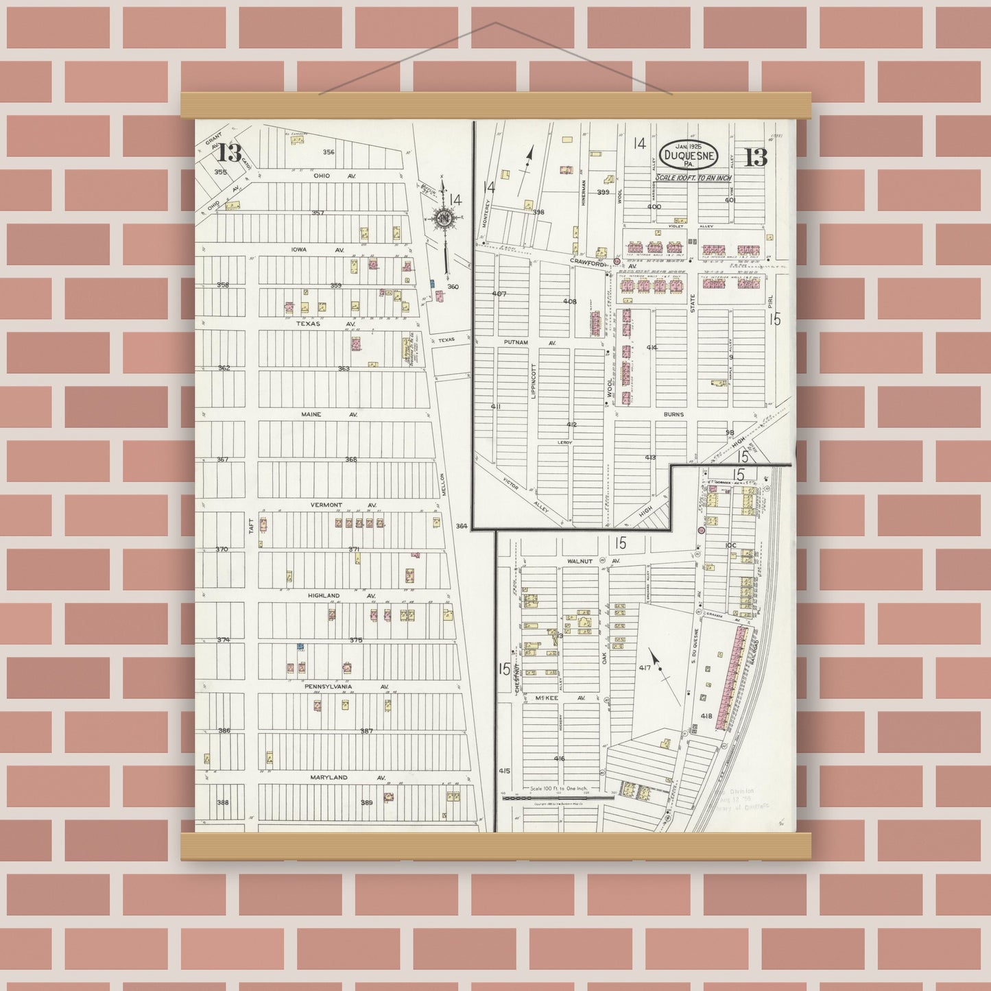 Old map wall art mockup — magnetic wood frame on brick wall — Sanborn Fire Insurance Map from Duquesne, Allegheny County, Pennsylvania (1925), Sheet #0013