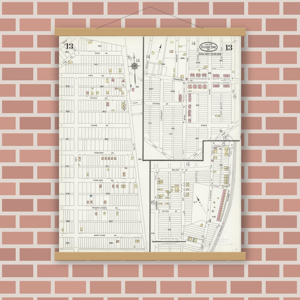 Old map wall art mockup — magnetic wood frame on brick wall — Sanborn Fire Insurance Map from Duquesne, Allegheny County, Pennsylvania (1925), Sheet #0013