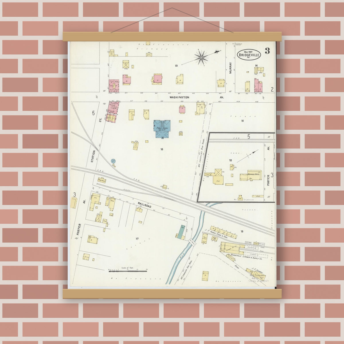 Old map wall art mockup — magnetic wood frame on brick wall — Sanborn Fire Insurance Map from Bridgeville, Allegheny County, Pennsylvania (1907), Sheet #0003