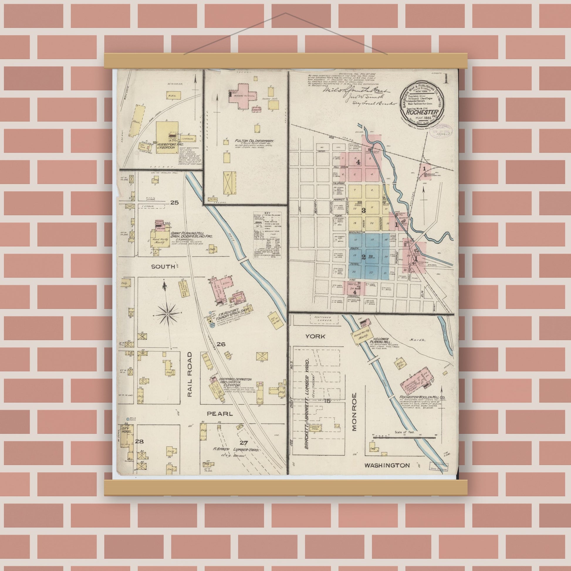 Old map wall art mockup — magnetic wood frame on brick wall — Sanborn Fire Insurance Map from Rochester, Fulton County, Indiana (1885) - Complete Map Set