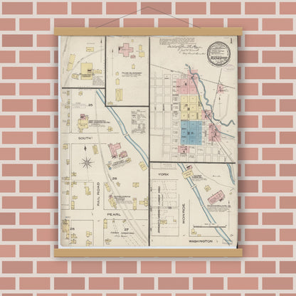 Old map wall art mockup — magnetic wood frame on brick wall — Sanborn Fire Insurance Map from Rochester, Fulton County, Indiana (1885) - Complete Map Set