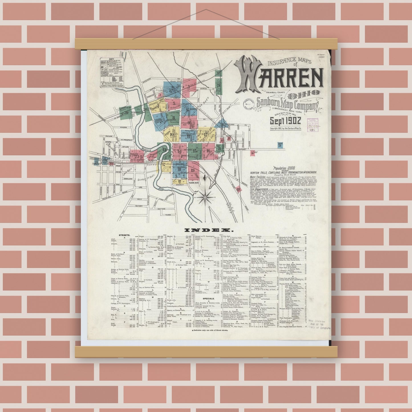 Old map wall art mockup — magnetic wood frame on brick wall — Sanborn Fire Insurance Map from Warren, Trumbull County, Ohio (1902), Sheet #0001