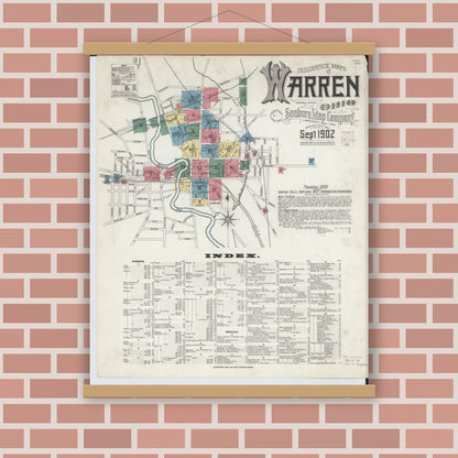 Old map wall art mockup — magnetic wood frame on brick wall — Sanborn Fire Insurance Map from Warren, Trumbull County, Ohio (1902), Sheet #0001