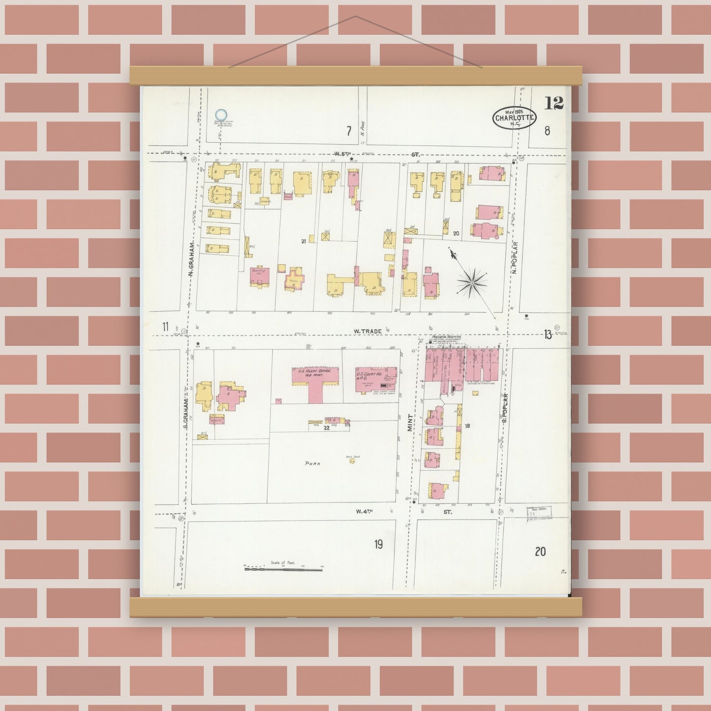 Old map wall art mockup — magnetic wood frame on brick wall — Sanborn Fire Insurance Map from Charlotte, Mecklenburg County, North Carolina (1905), Sheet #0012