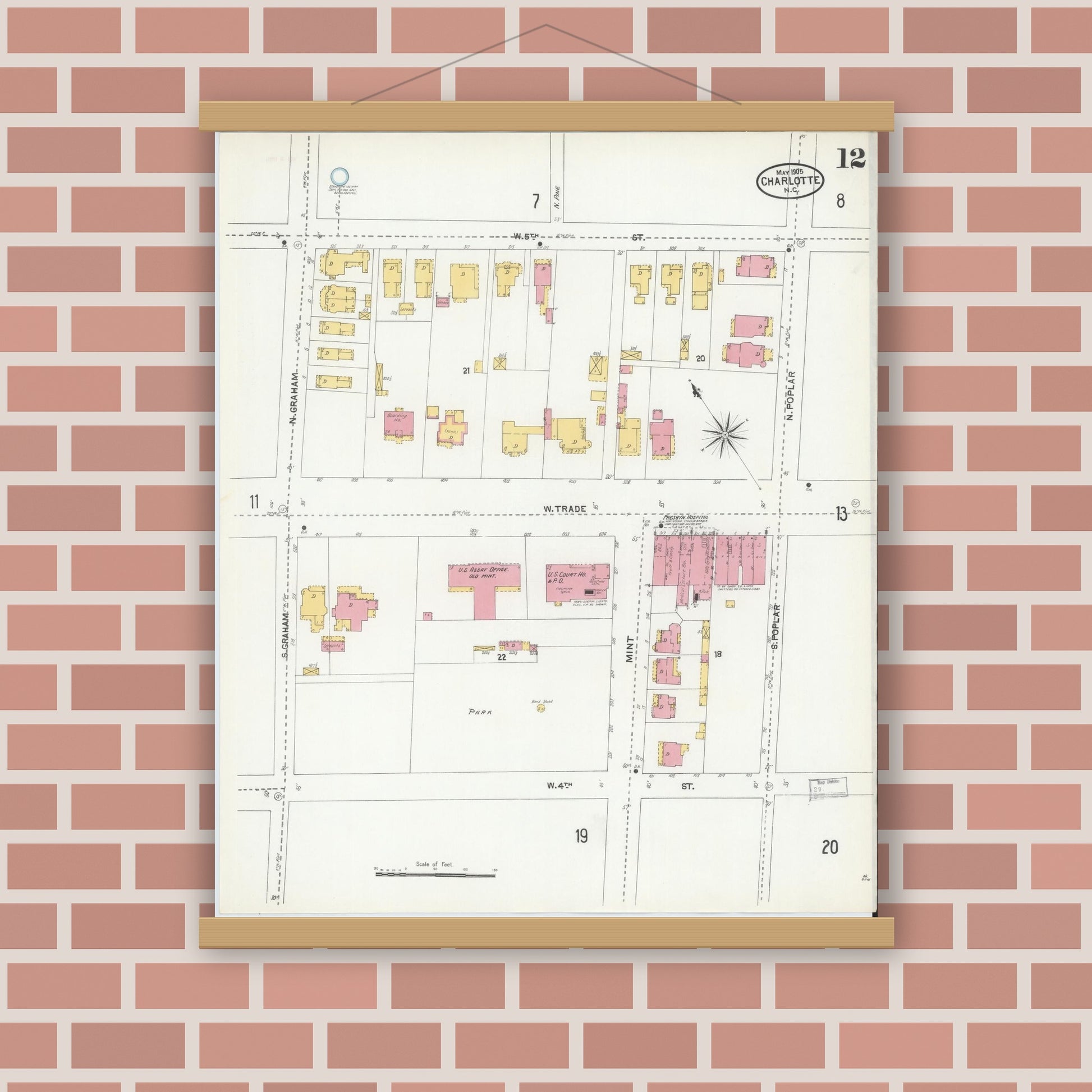 Old map wall art mockup — magnetic wood frame on brick wall — Sanborn Fire Insurance Map from Charlotte, Mecklenburg County, North Carolina (1905), Sheet #0012