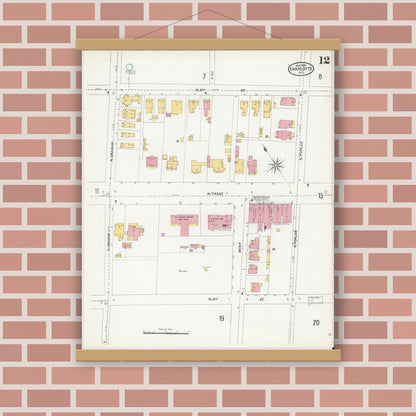 Old map wall art mockup — magnetic wood frame on brick wall — Sanborn Fire Insurance Map from Charlotte, Mecklenburg County, North Carolina (1905), Sheet #0012