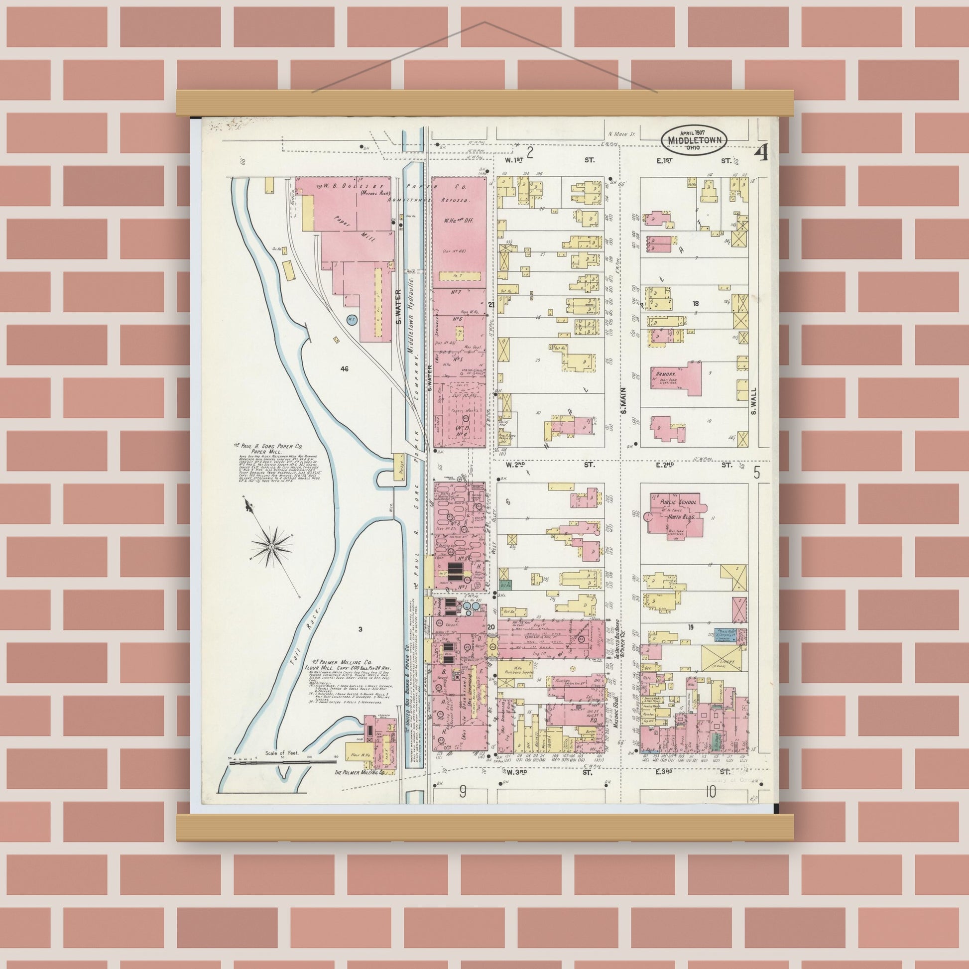 Old map wall art mockup — magnetic wood frame on brick wall — Sanborn Fire Insurance Map from Middletown, Butler County, Ohio (1907), Sheet #0004