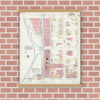 Old map wall art mockup — magnetic wood frame on brick wall — Sanborn Fire Insurance Map from Middletown, Butler County, Ohio (1907), Sheet #0004