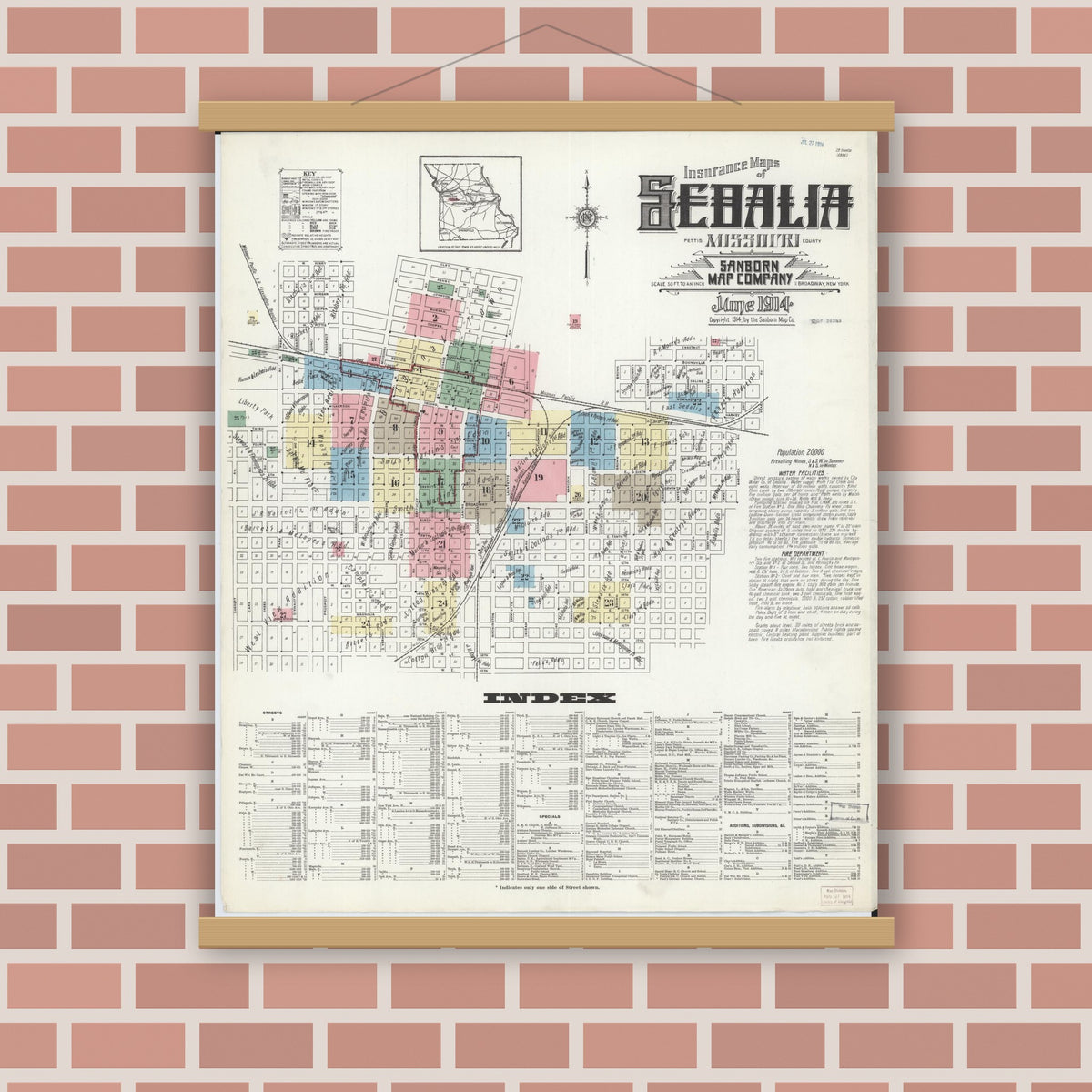 Old map wall art mockup — magnetic wood frame on brick wall — Sanborn Fire Insurance Map from Sedalia, Pettis County, Missouri (1914), Sheet #0001