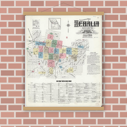 Old map wall art mockup — magnetic wood frame on brick wall — Sanborn Fire Insurance Map from Sedalia, Pettis County, Missouri (1914), Sheet #0001