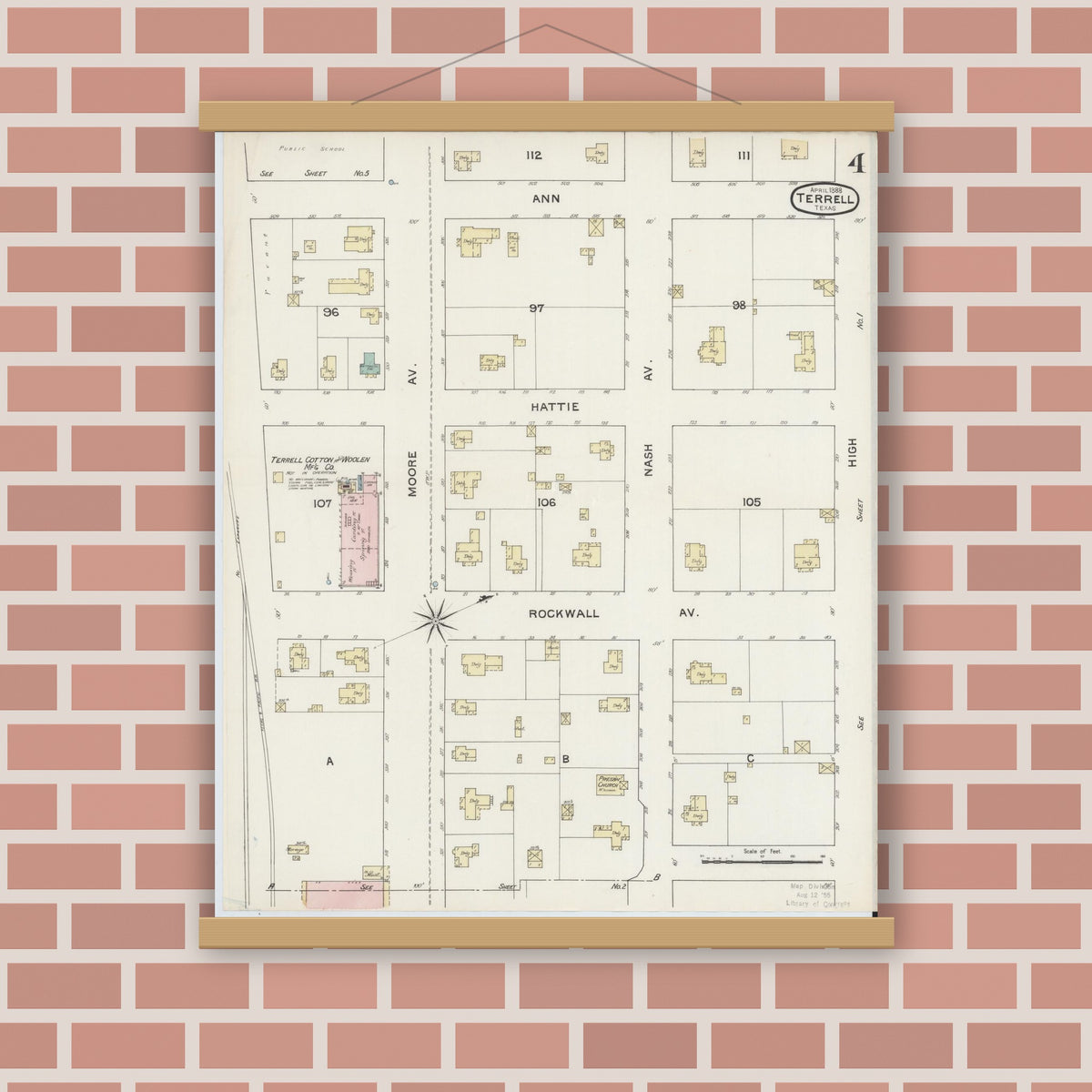 Old map wall art mockup — magnetic wood frame on brick wall — Sanborn Fire Insurance Map from Terrell, Kaufman County, Texas (1888), Sheet #0004