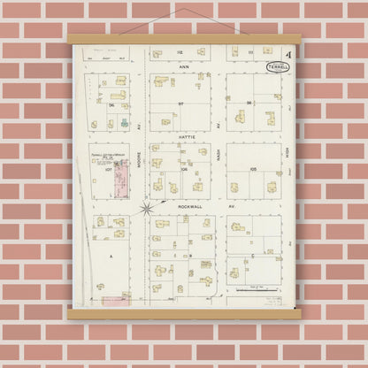 Old map wall art mockup — magnetic wood frame on brick wall — Sanborn Fire Insurance Map from Terrell, Kaufman County, Texas (1888), Sheet #0004