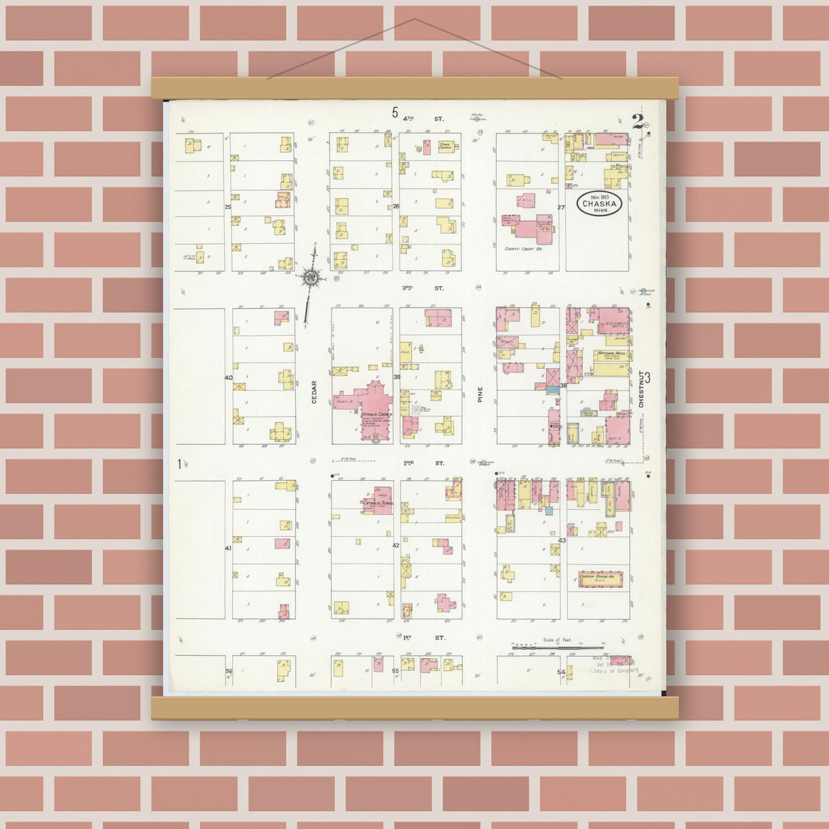 Old map wall art mockup — magnetic wood frame on brick wall — Sanborn Fire Insurance Map from Chaska, Carver County, Minnesota (1910), Sheet #0002
