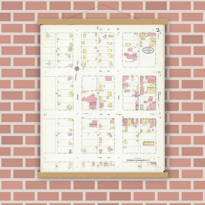 Old map wall art mockup — magnetic wood frame on brick wall — Sanborn Fire Insurance Map from Chaska, Carver County, Minnesota (1910), Sheet #0002