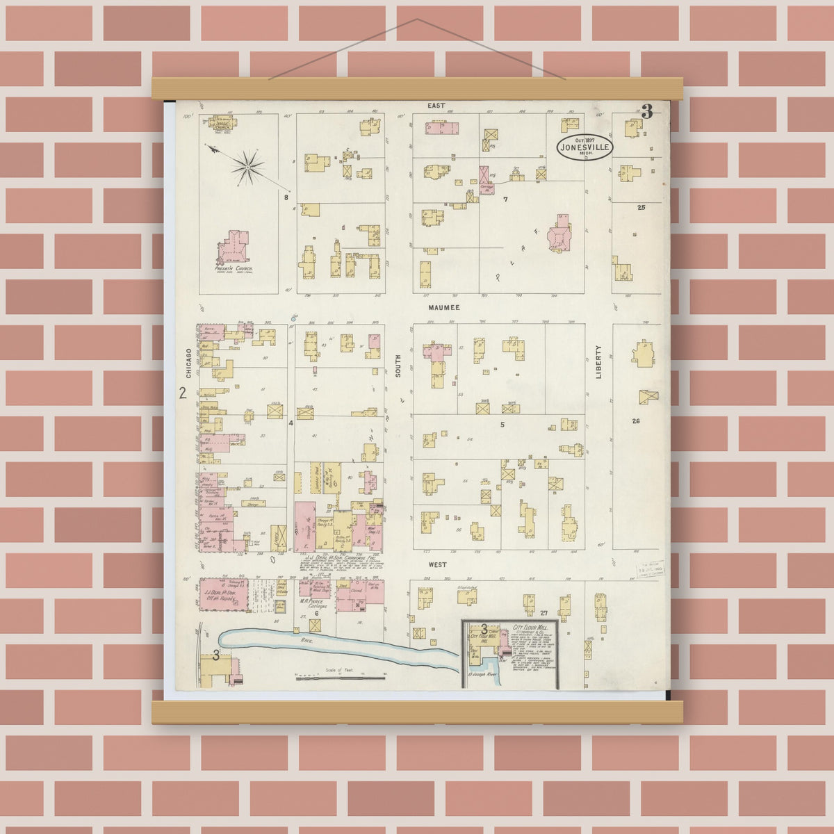 Old map wall art mockup — magnetic wood frame on brick wall — Sanborn Fire Insurance Map from Jonesville, Hillsdale County, Michigan (1897), Sheet #0003