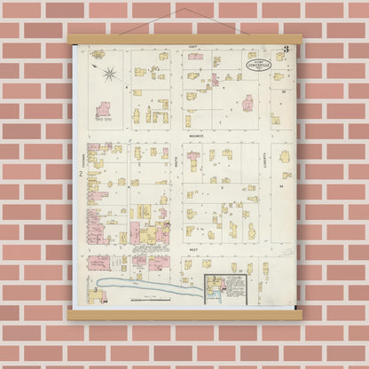 Old map wall art mockup — magnetic wood frame on brick wall — Sanborn Fire Insurance Map from Jonesville, Hillsdale County, Michigan (1897), Sheet #0003