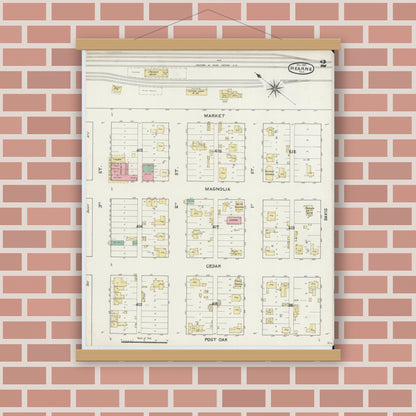Old map wall art mockup — magnetic wood frame on brick wall — Sanborn Fire Insurance Map from Hearne, Robertson County, Texas (1891), Sheet #0002