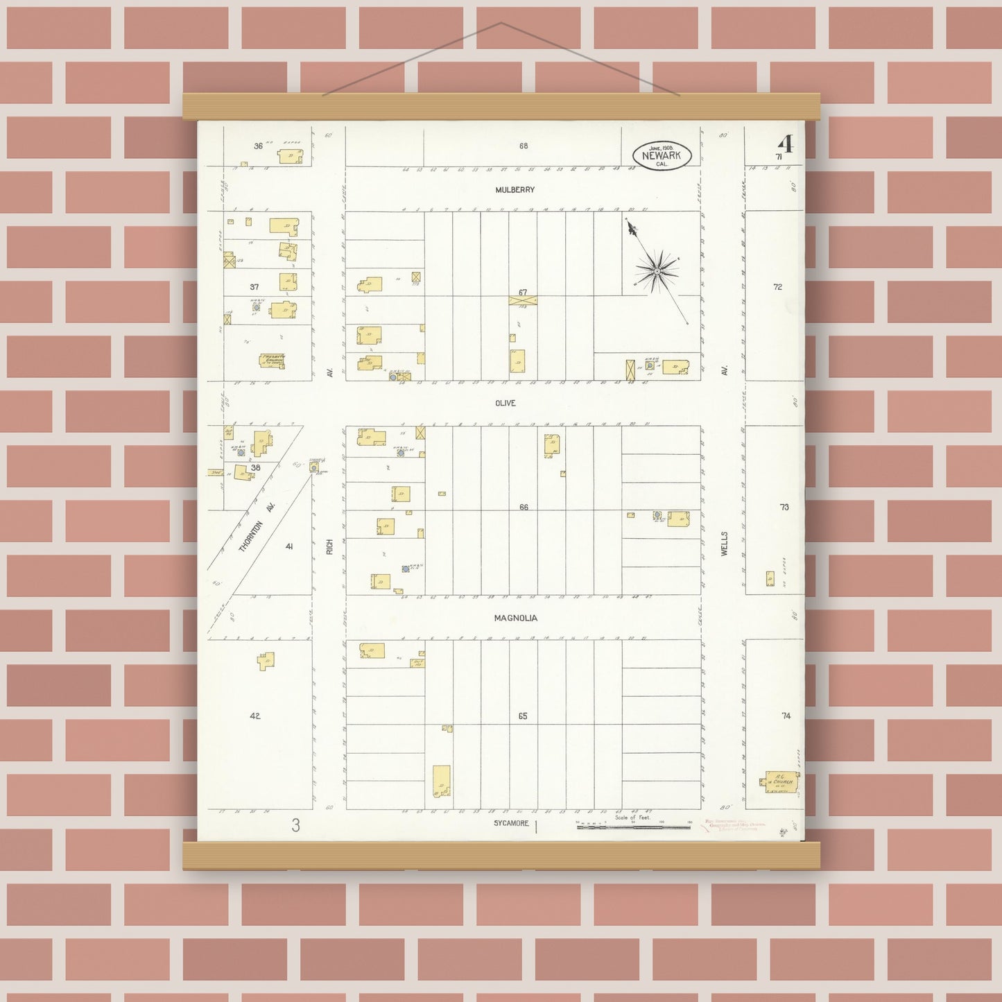 Old map wall art mockup — magnetic wood frame on brick wall — Sanborn Fire Insurance Map from Newark, Alameda County, California (1908), Sheet #0004