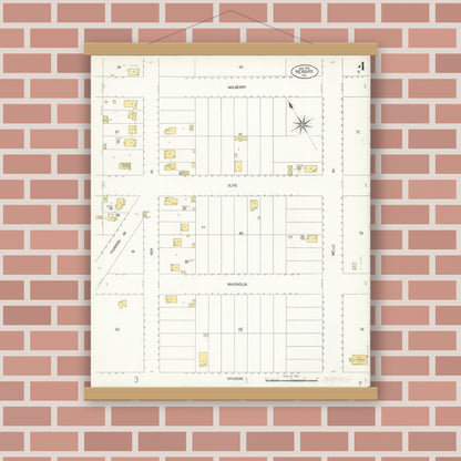 Old map wall art mockup — magnetic wood frame on brick wall — Sanborn Fire Insurance Map from Newark, Alameda County, California (1908), Sheet #0004